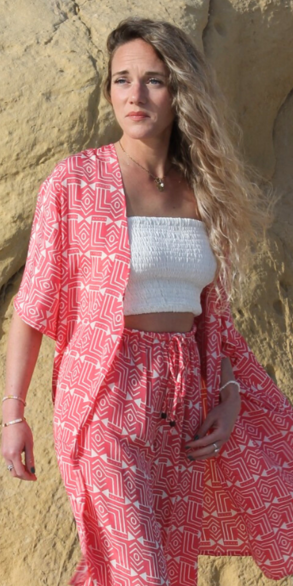 KS-85-763 KIMONO + TROUSER SEDA FRÍA ROSA
