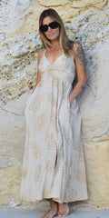 08106-B LONG BEIGE GOLD DRESS