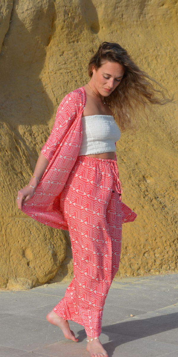 KS-85-763 KIMONO + TROUSER SEDA FRÍA ROSA
