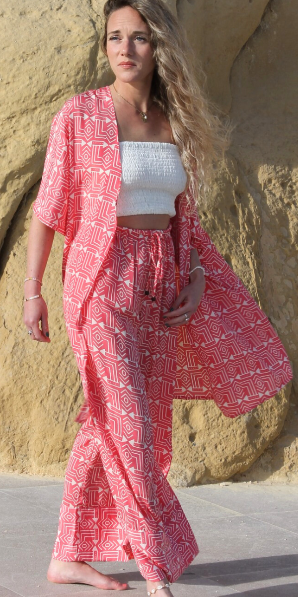 KS-85-763 KIMONO + TROUSER SEDA FRÍA ROSA