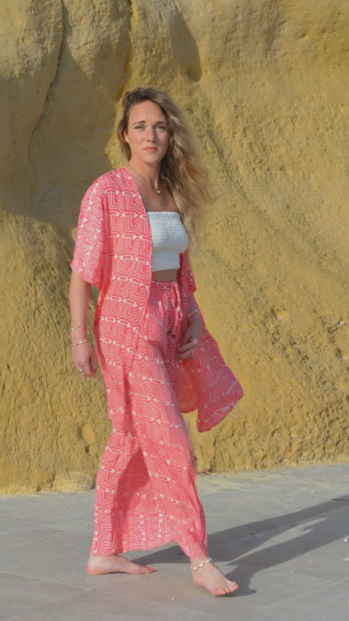 KS-85-763 KIMONO + TROUSER SEDA FRÍA ROSA
